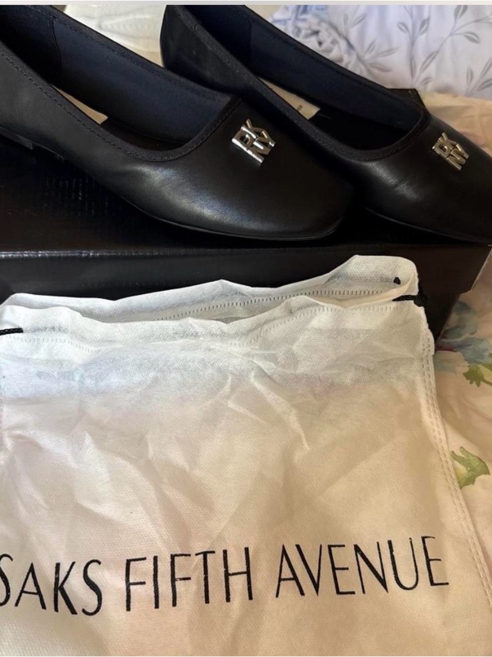 DKNY Black Leather Ballet Flats with Silver Logo Accent